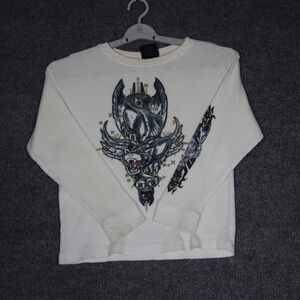 Y2K JNCO Type Design Long Sleeve Waffle Knit Top Dragon Graphic‎ L